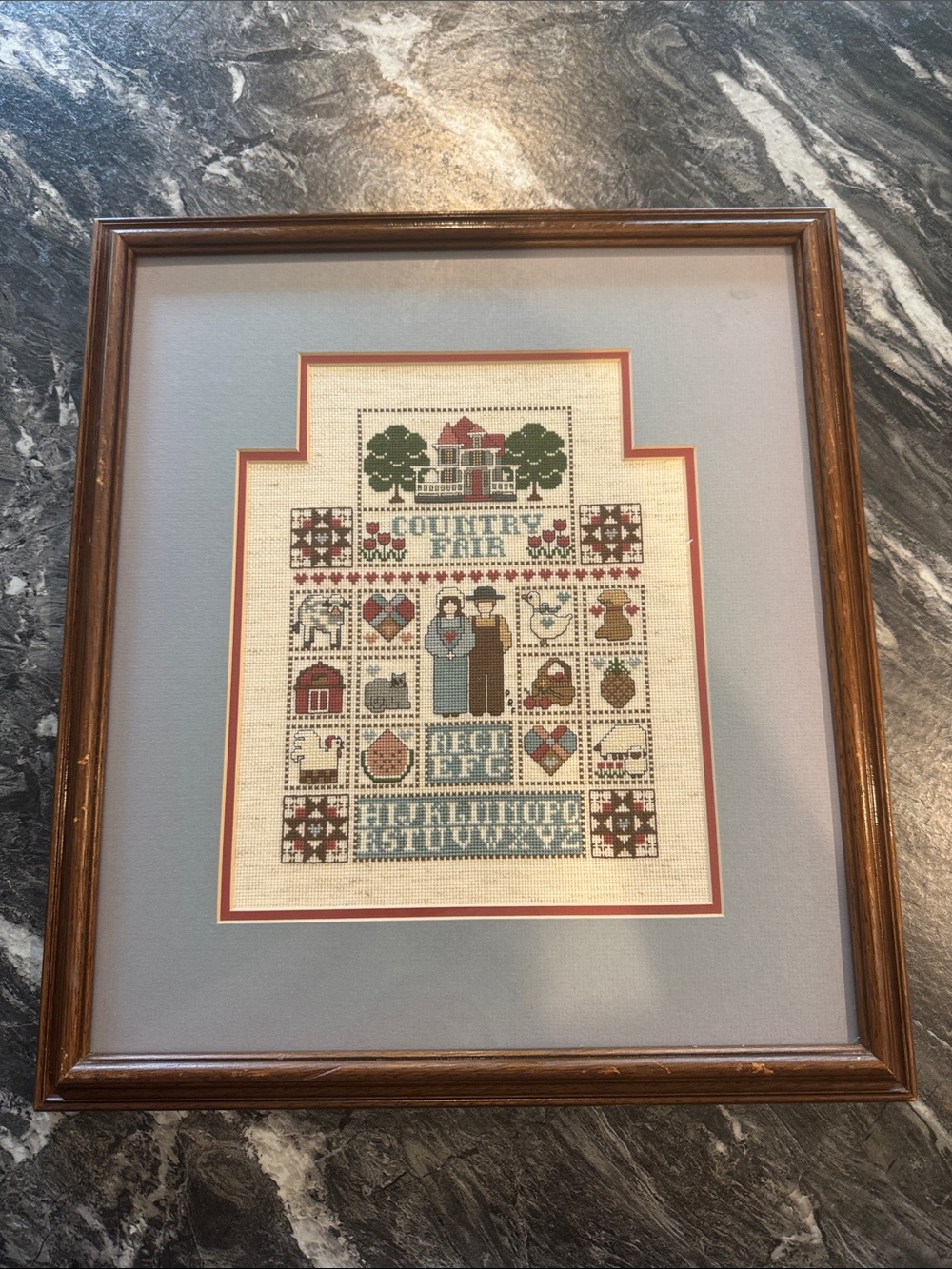 Framed Country Fair Cross Stitch Sampler - Blue & Brown Mat